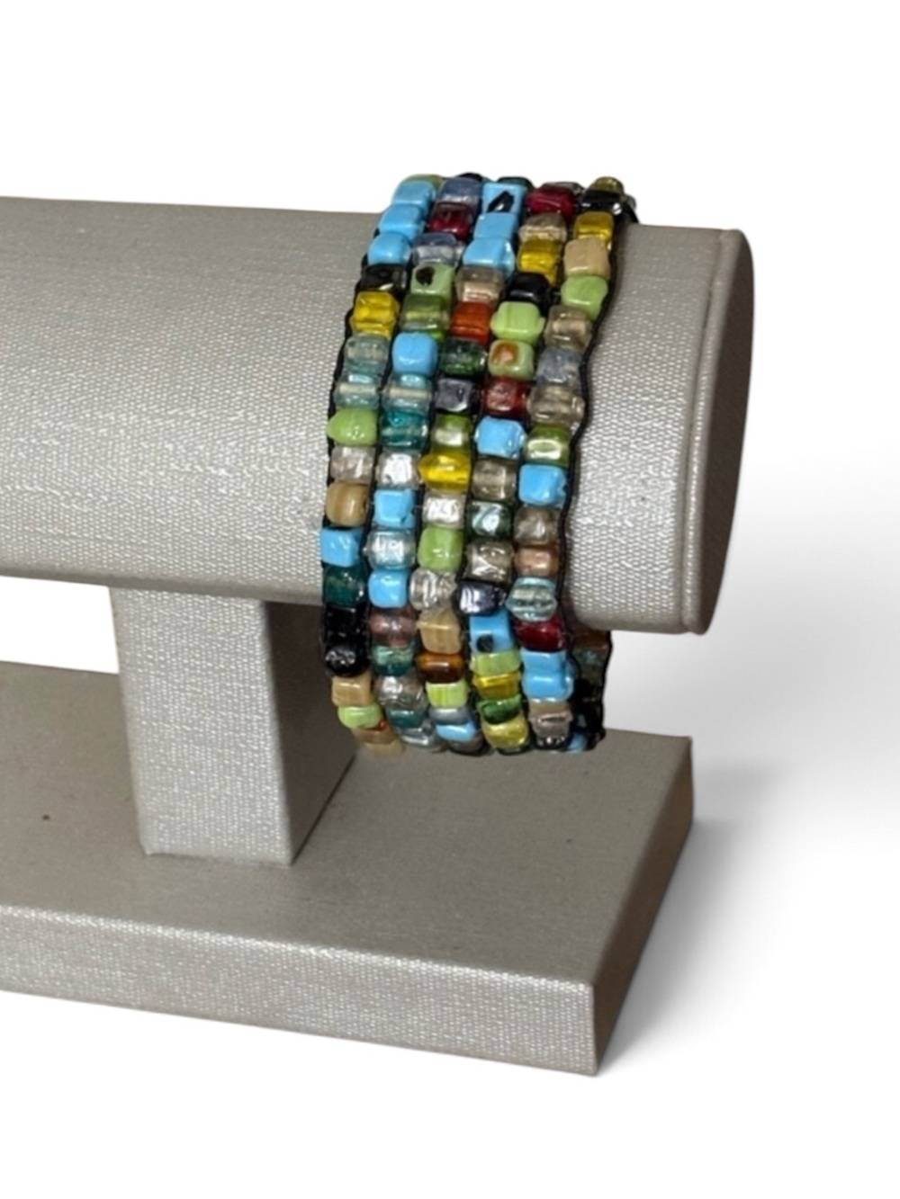 Hand Crafted Multicolor Natural Stone Beaded Wide Band Stretch Bracelet